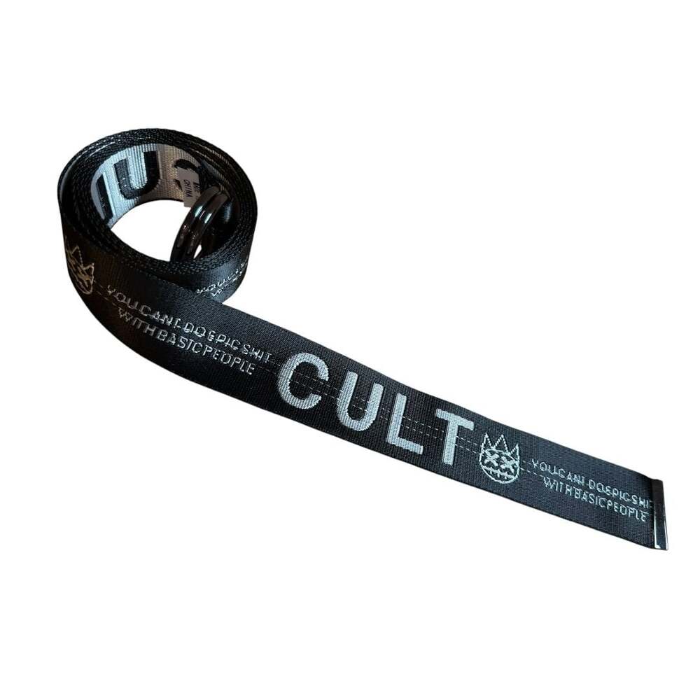 Cult Black Webbed Graphic Slogan D-Ring Belt